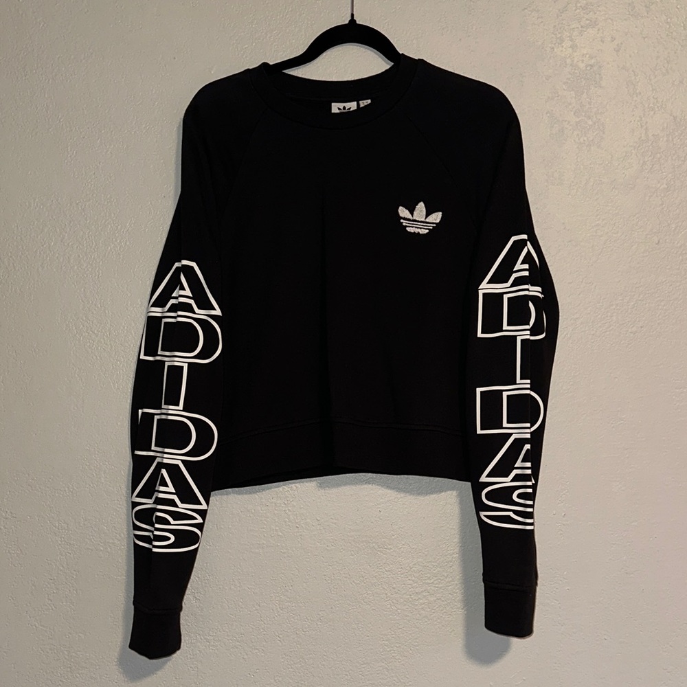 Adidas Women's Black Cropped Sweatshirt with White Bold Sleeve Logo